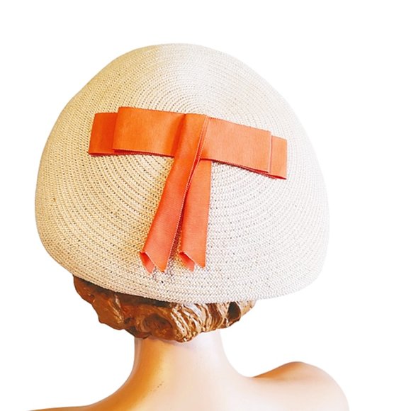 1960s Vintage Designer Big Bubble Beret Hat Tan and Orange Trim Hattie Carnegie - Picture 3 of 6